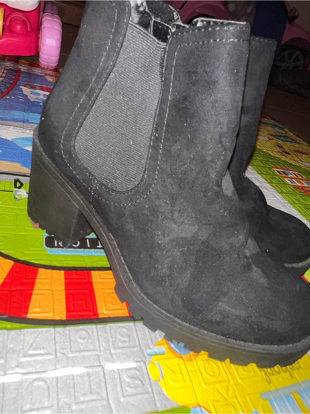Sun + Stone Black Suede Chelsea Block Heel Booties